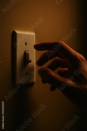 Hand reaching for light switch in dimly lit room