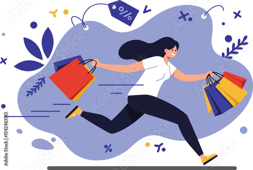 Woman running with colorful shopping bags and discount tags in dynamic shopping spree illustration 
