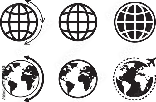 Global Connection Icons World Map, Globe, and Travel Symbols