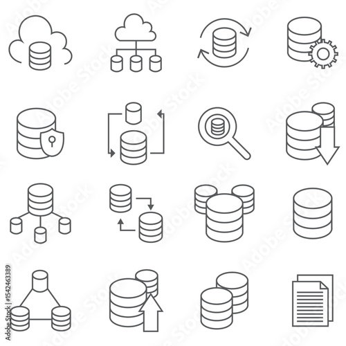 Data analytics icon set. Containing database, statistics, analysis, server, financial, SEO, monitoring, graph, hosting, data mining and more. Editable line icons. Vector illustration.