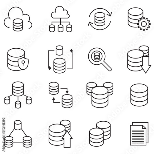 Data analytics icon set. Containing database, statistics, analysis, server, financial, SEO, monitoring, graph, hosting, data mining and more. Editable line icons. Vector illustration.