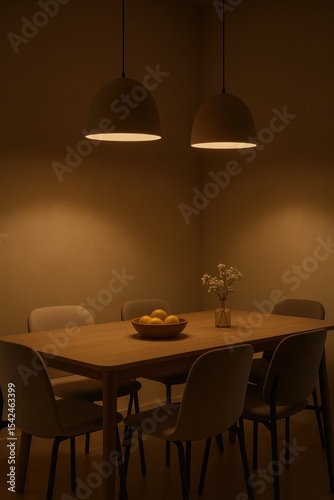Cozy dining room with modern lighting and minimalist decor in warm tones