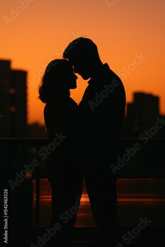 Silhouette of couple embracing at sunset on urban balcony
