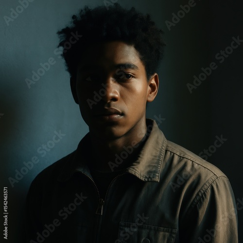 Young african male in dim lighting wearing brown jacket with thoughtful expression