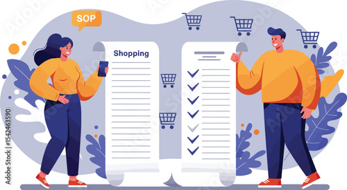 Diverse people comparing shopping lists using smartphones in casual setting with abstract background and vibrant colors 