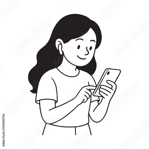 Black and white drawing of girl communicating through mobile device