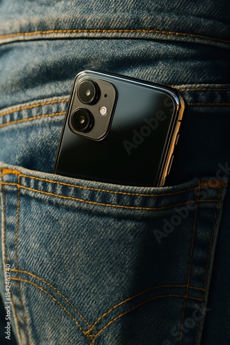 Smartphone with dual camera in denim pocket close-up