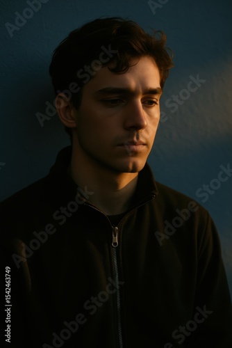 Contemplative young caucasian male in shadowed lighting against blue wall