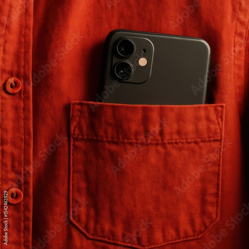 Smartphone in red shirt pocket close-up