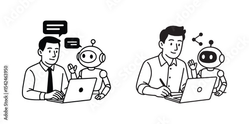 Black And White Drawing Of Robot Assisting Man With Digital Work.