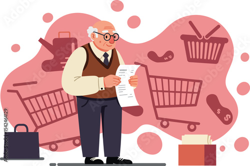 Elderly man reading long shopping list with background of shopping carts and baskets in cartoon style 