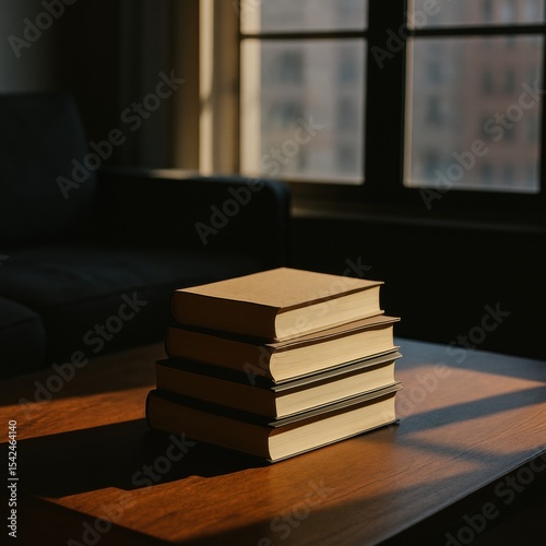 Stack of books on wooden table in warm sunlit room
