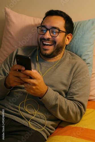 Hispanic young adult male relaxing with smartphone and earphones on colorful bed