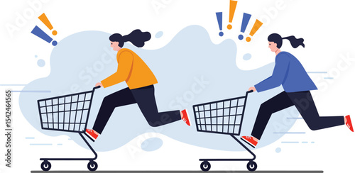 Two Women Racing with Empty Shopping Carts in Competitive Fun Activity Illustration 