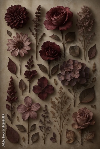 Dried floral arrangement with various flowers and leaves on vintage background