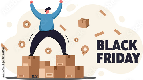 Excited person celebrating Black Friday sales with stacked cardboard boxes and shopping theme digital illustration 