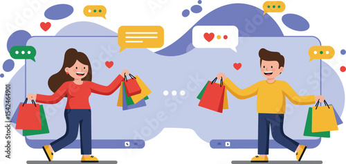 Digital online shopping exchange between happy man and woman carrying colorful bags with love heart messages in casual clothes 