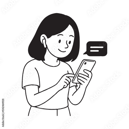  Girl using smartphone and texting while wearing wireless earbuds.