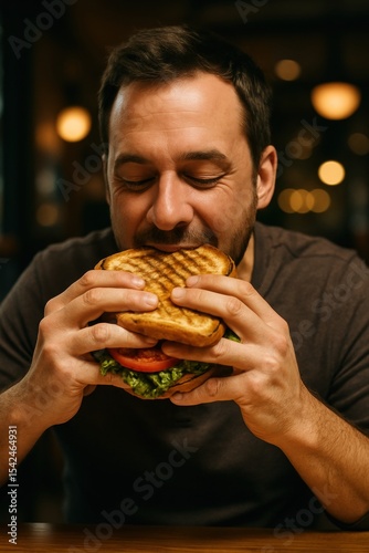 Young caucasian male enjoying a delicious sandwich in a cozy cafe