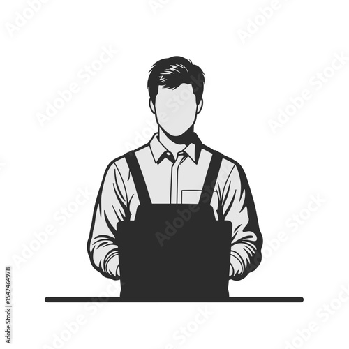 Man in overalls, concentrated mood, working on laptop at table, black and white illustration