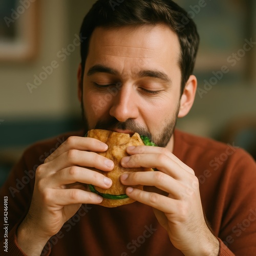 Caucasian male adult enjoying a sandwich indoors in a relaxed setting