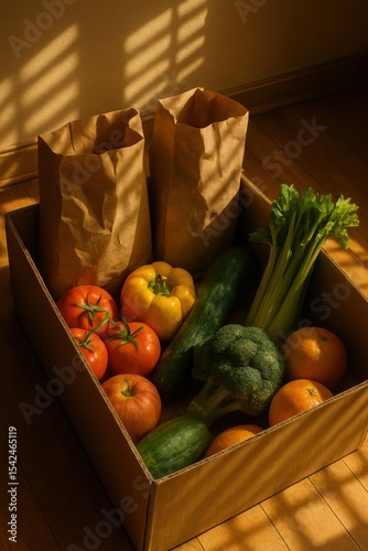 Cardboard box with fresh produce: paper bags, vegetables, and fruits in sunlight