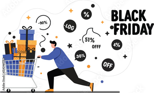 Man pushing shopping cart full of gifts and boxes during Black Friday sale with discount symbols and percentages 
