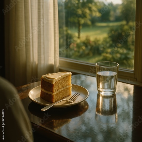 Slice of cake on wooden table by window overlooking sunny garden with water glass