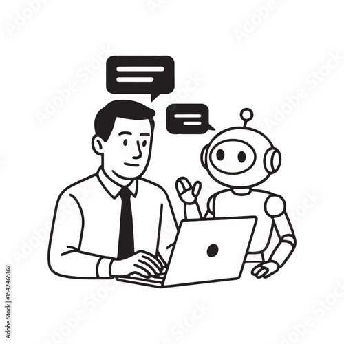 Human And Robot Working Together On Laptop For Seamless Communication.