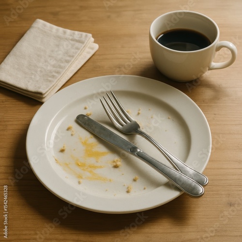 Empty plate with fork and knife beside coffee cup on wooden table with napkin