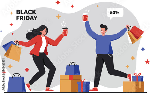 Happy shoppers celebrating Black Friday discount with bags and coffee in festive shopping scene 