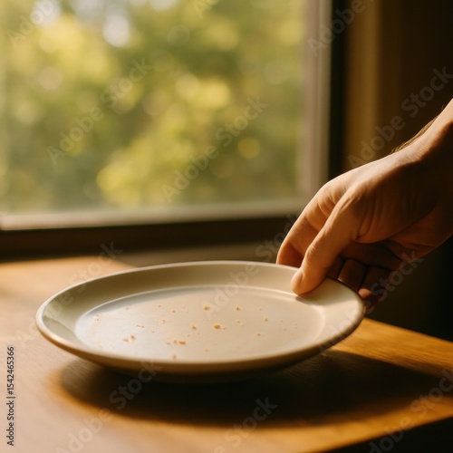 Hand holding empty plate with crumbs in sunlit room