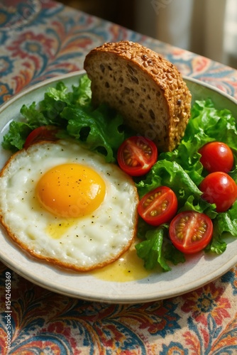 Sunny side up egg with fresh salad and whole grain bread on a patterned tablecloth