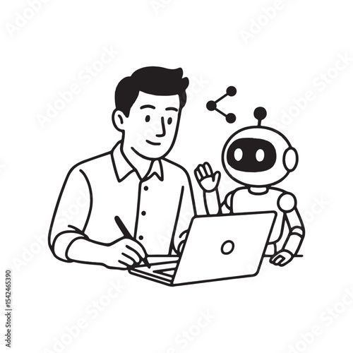 Illustration Showing Ai Collaboration With Human Through Laptop Interaction.