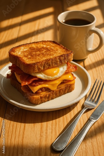 Delicious breakfast: bacon, egg, and cheese sandwich with coffee on sunny wooden table
