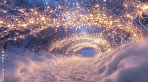 A snow covered path with trees decorated with lights creating a magical winter wonderland scene view