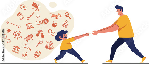 Father and son playing tug of war with keys and locks symbol background in yellow shirts and black pants 