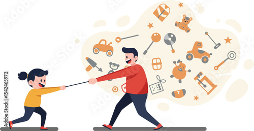 Child and adult playing tug of war game with toy weapon and various hobby items flying around in fun interaction 