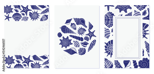Seashell and starfish frames for summer cards, invitations, branding, packaging, posters, and design templates. Simple navy marine borders and round compositions for coastal themes.