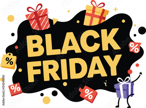 Black Friday sale promotion with discount tags and colorful gift boxes in yellow and purple 