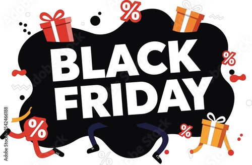 Black Friday sale promotion with red and orange gift boxes and percentage symbols on black background 