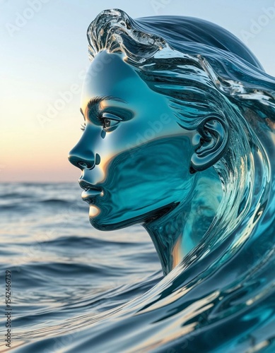 pastiche and surrealism. Sculpture made of water or glass. The girl's head in profile