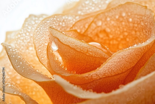 Macro shot of peach rose petals covered in glistening water droplets, showcasing delicate textures and soft, warm tones.