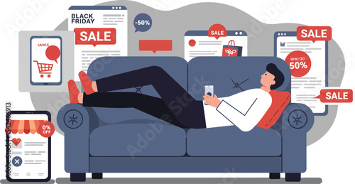 Person Relaxing on Sofa Shopping Online with Multiple Devices Showing Black Friday Sales Offers 
