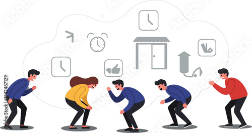 Group of people checking mobile phones with social media and time icons in digital communication concept