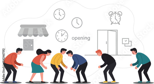 Group of people waiting in line outside shop during opening hours in flat style illustration 