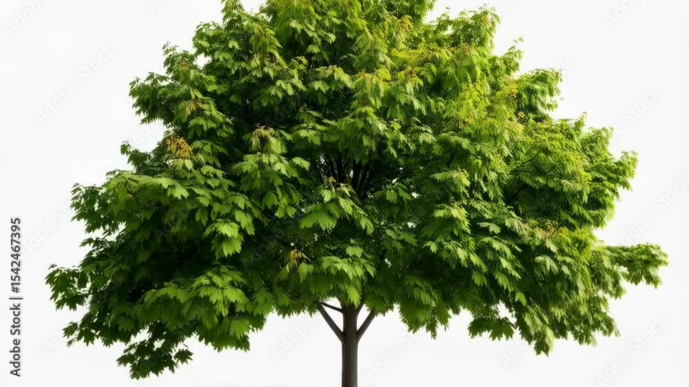 Deciduous tree with lush vibrant green leaves and a sturdy brown trunk casting a shadow on a bright white background in nature.