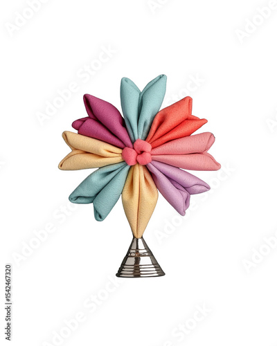 Colorful napkin folded into a flower shape on a transparent background.