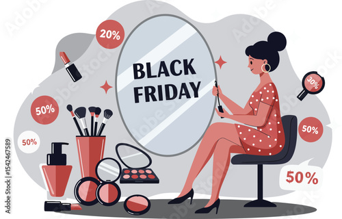 Woman applying makeup during Black Friday sales with discount tags and cosmetic products in stylish scene 