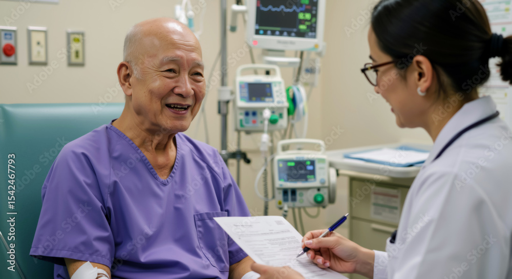 Obraz premium Doctor and smiling senior asian male cancer patient discuss chart. Oncologist discussing treatment with elderly bald man. Patient and nurse caregiver. World Cancer day. Receiving good news.